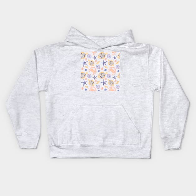 A nautical pattern of flounders, crabs, shells, coral, and starfish Kids Hoodie by dumbbunnydesign